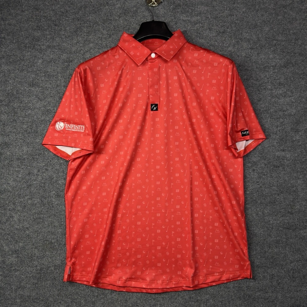 Full Wedge Golf Polo Shirt Mens Red Size L Golf Mountain Tree Print Snap Button
